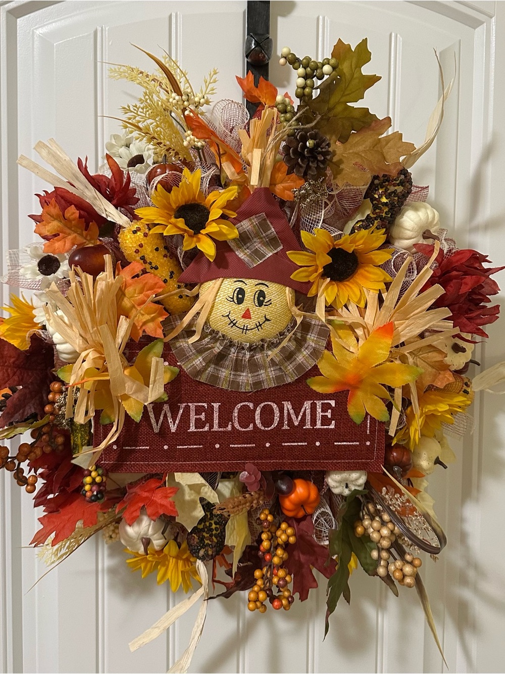 Autumn Welcome Harvest Wreath with Sunflowers and Scarecrow